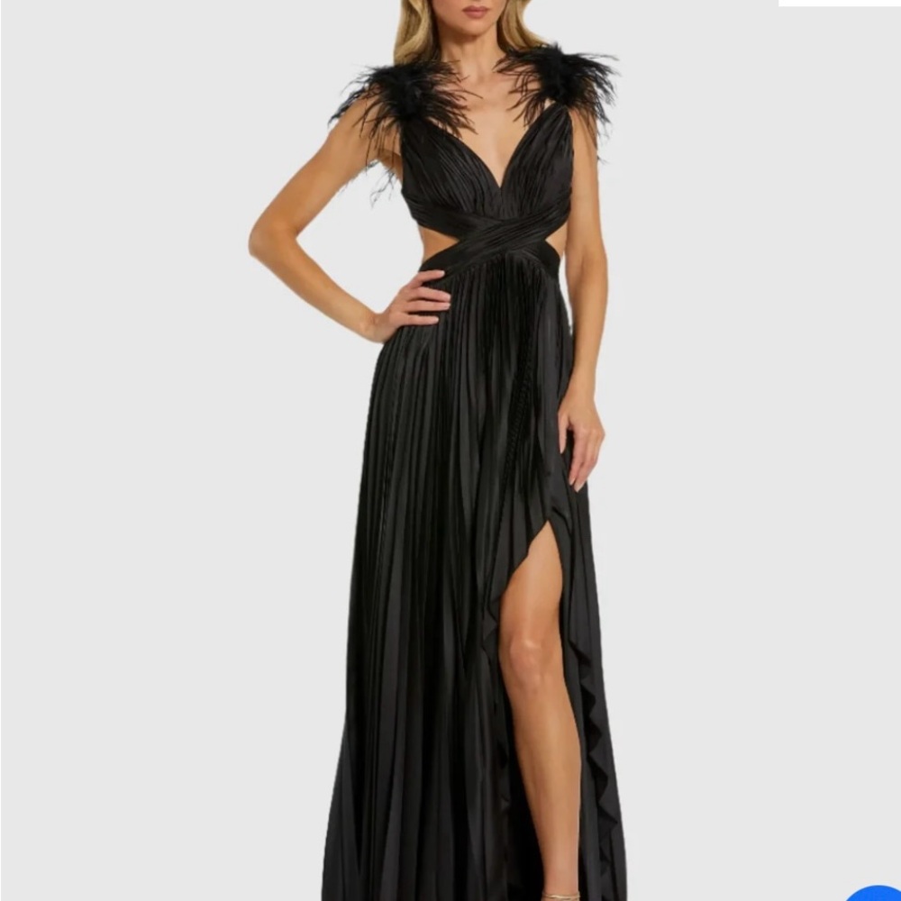 Mac Duggal Black Maxi Dress with Feather Accents